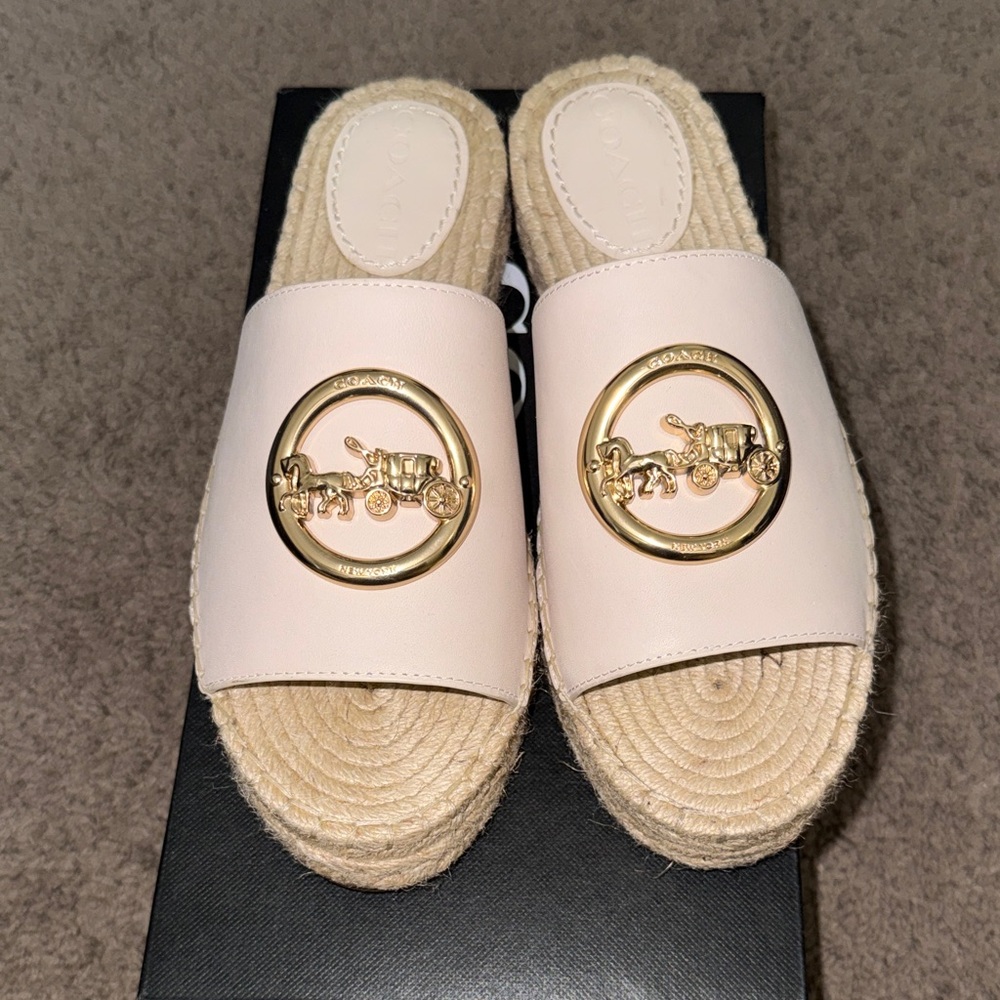Coach Women's Tan Espadrille Slides with Gold Accent